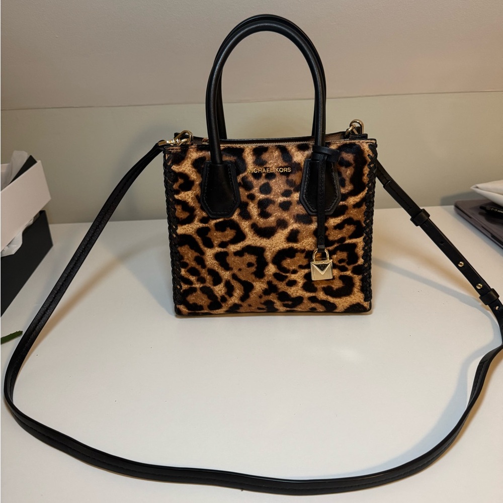 Michael Kors Mercer Small Leopard Calf Hair Crossbody Bag